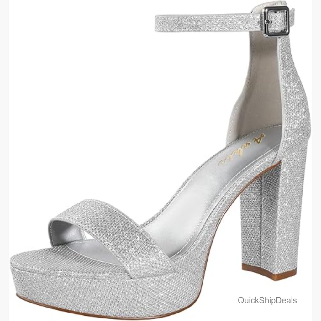 Silver Glitter Platform Heeled Sandals With Memory Foam And Arch Support